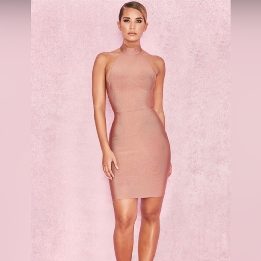 HOUSE OF CB MAUVE HALTER BANDAGE DRESS
